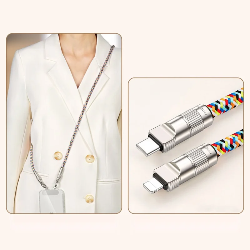 120cm Crossbody Lanyard Phone Charging Cable Type-C to L-Port 27W Fast Charge Cable Cell Phone Strap - Multi-color