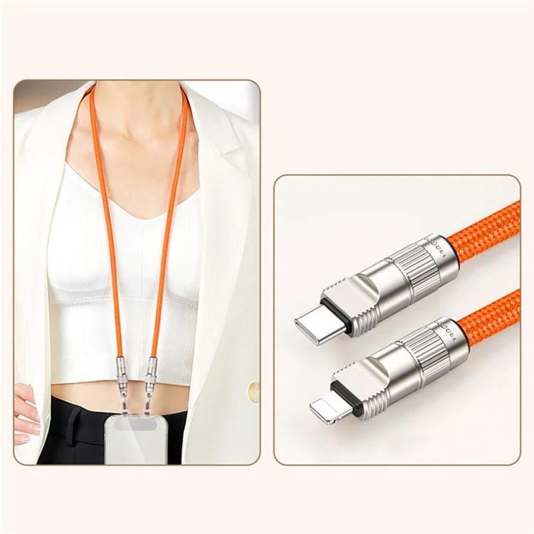 90cm Neck Strap Cell Phone Charging Cable Type-C to L-Port 27W Fast Charge Data Cord Necklace - Orange