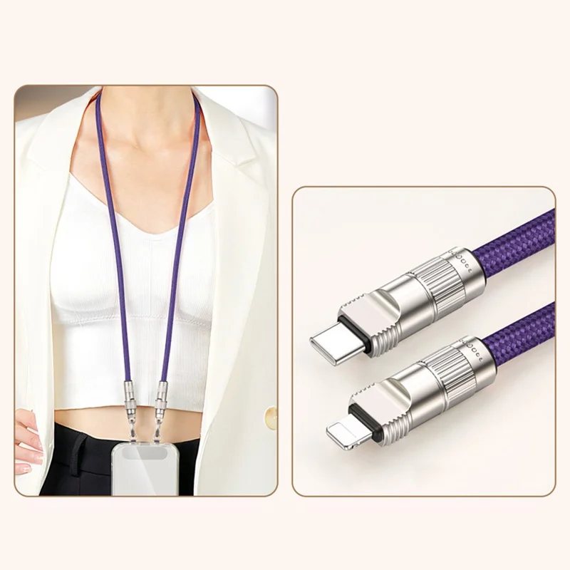 90cm Neck Strap Cell Phone Charging Cable Type-C to L-Port 27W Fast Charge Data Cord Necklace - Purple