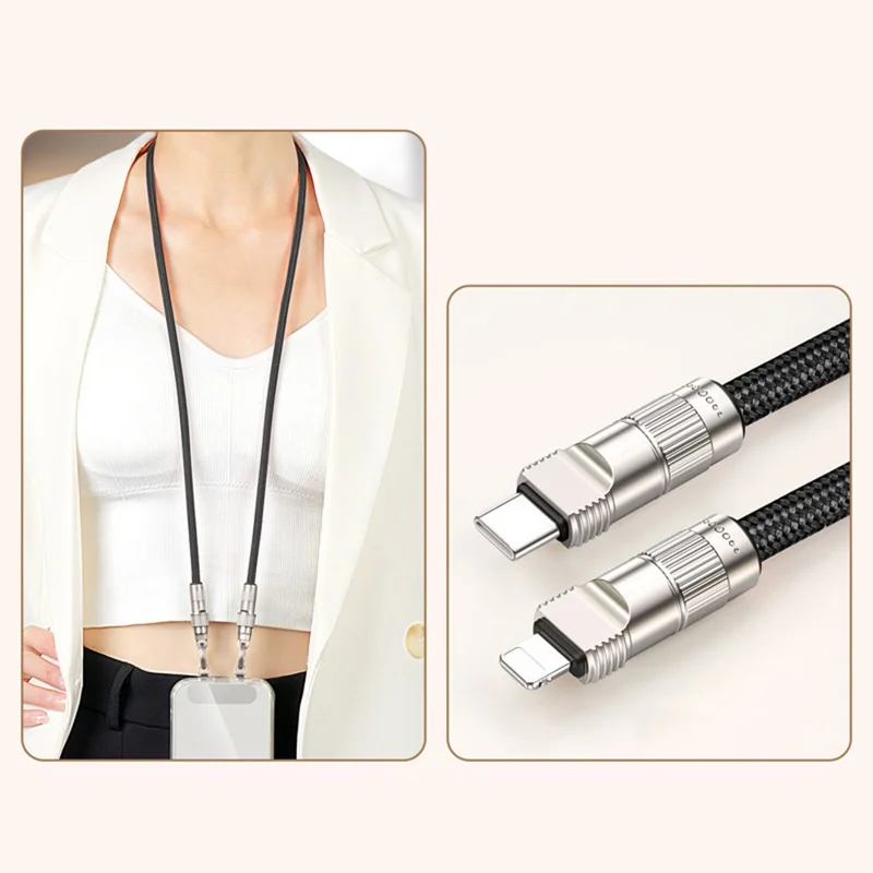 90cm Neck Strap Cell Phone Charging Cable Type-C to L-Port 27W Fast Charge Data Cord Necklace - Black
