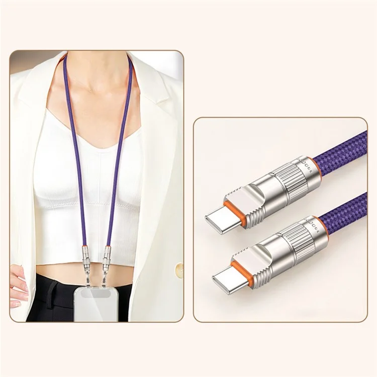 90cm Cell Phone Neck Strap Charging Cable Type-C to Type-C PD 66W Fast Charge Data Cable Necklace - Purple