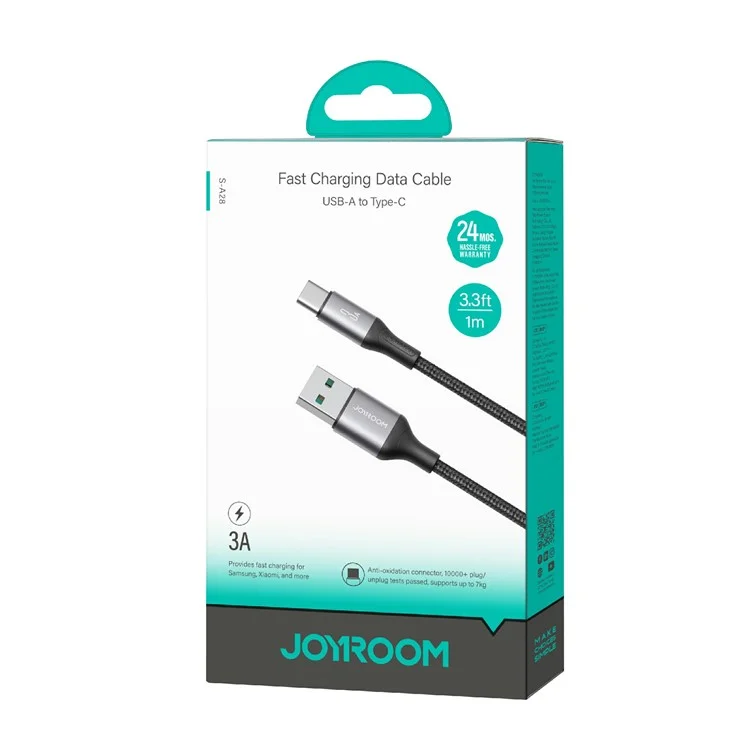 Cable JOYROOM S-A28 de 1 m USB-A a Tipo C, 3A, Carga Rápida, Trenzado de Nailon - Negro