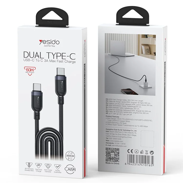 Cable YESIDO CA194 USB C a USB C de 3 m, 60 W, carga rápida y sincronización de datos para portátil / smartphone