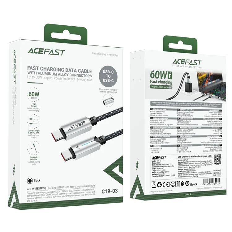 ACEFAST C19-03 USB-C auf USB-C Kabel 60W Schnellladekabel mit Aluminiumlegierung Geflecht für Laptops / Handys