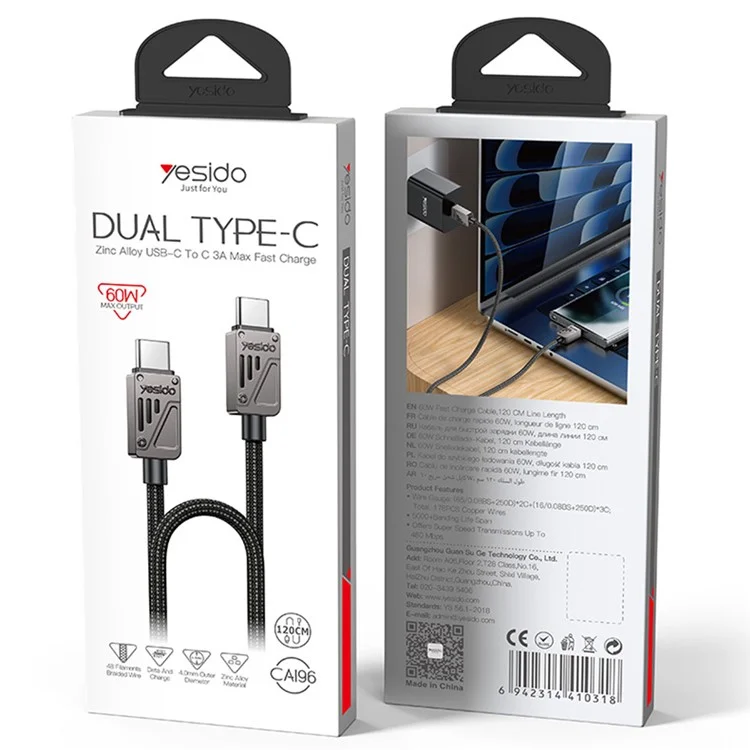 YESIDO CA196 1.2m USB C to USB C Charging Cable 60W Fast Charging Braided Data Cord for Laptops Tablets