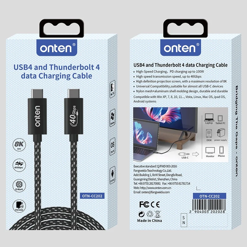 ONTEN OTN-CC202 1m USB 4 Compatible with Thunderbolt 4 Cable 100W PD Charging 40Gbps Data Transfer 4K 8K Video Output Cord