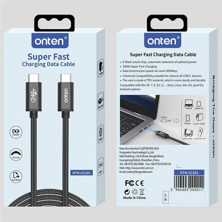 Câble ONTEN CC201 Type-C vers Type-C de 1 m, Charge Rapide PD 240W et Transfert de Données à 480 Mbps