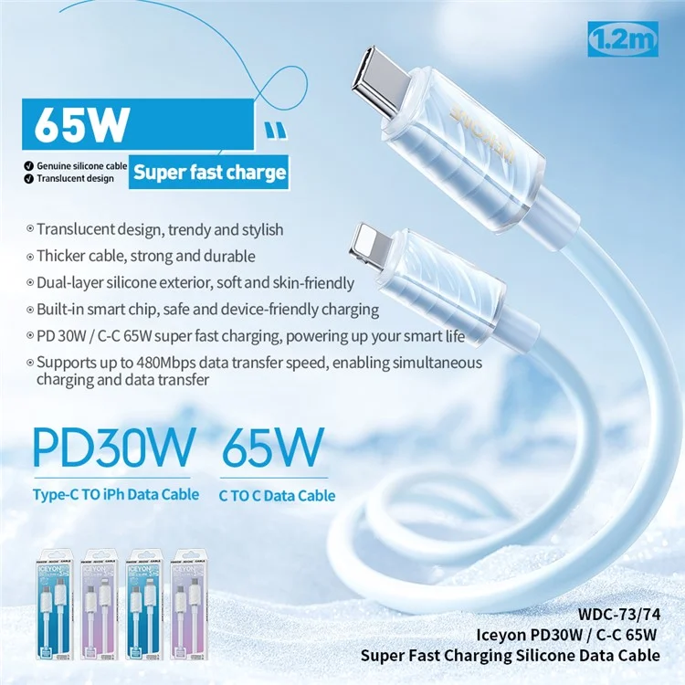 WEKOME WDC-74 Cable de Carga Súper Rápida Tipo C a Tipo C de 65W - Cable de Datos de Silicona de 1,2 M con Transferencia de Alta Velocidad de 480 Mbps - Azul