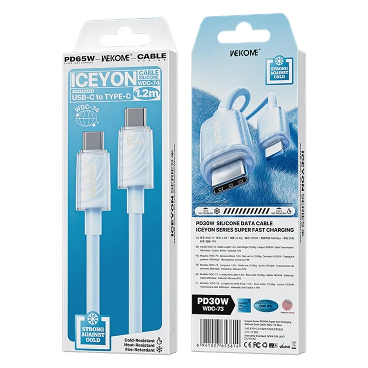 WEKOME WDC-74 Cable de Carga Súper Rápida Tipo C a Tipo C de 65W - Cable de Datos de Silicona de 1,2 M con Transferencia de Alta Velocidad de 480 Mbps - Azul
