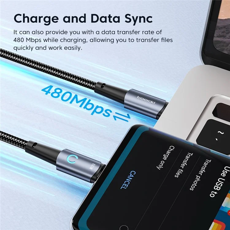 TOOCKI TQ-X02 USB-C auf USB-C Kabel 1m Typ C 100W Ladekabel 480Mbps Datenübertragung - Grau