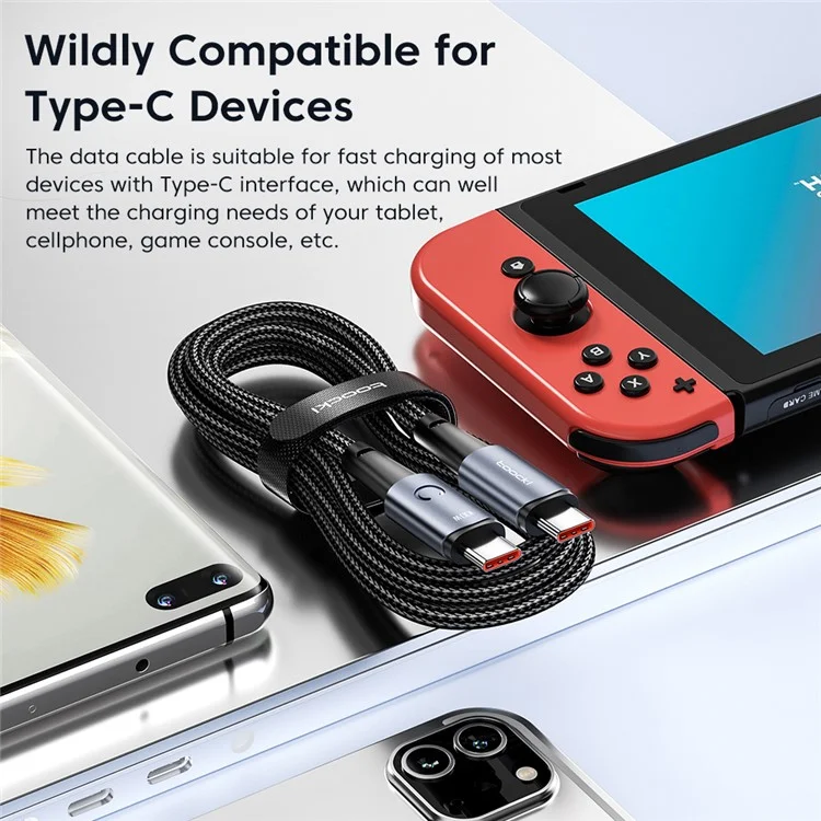 TOOCKI TQ-X02 USB-C auf USB-C Kabel 1m Typ C 100W Ladekabel 480Mbps Datenübertragung - Grau