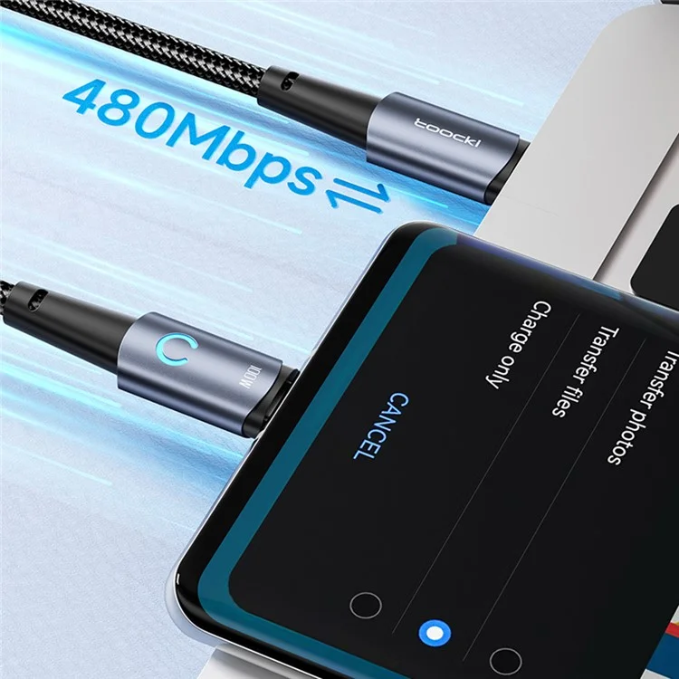 TOOCKI TQ-X02 60W USB-C auf USB-C Ladekabel 2m Typ C Schnellladekabel 480 Mbit/s Datenübertragung - Grau