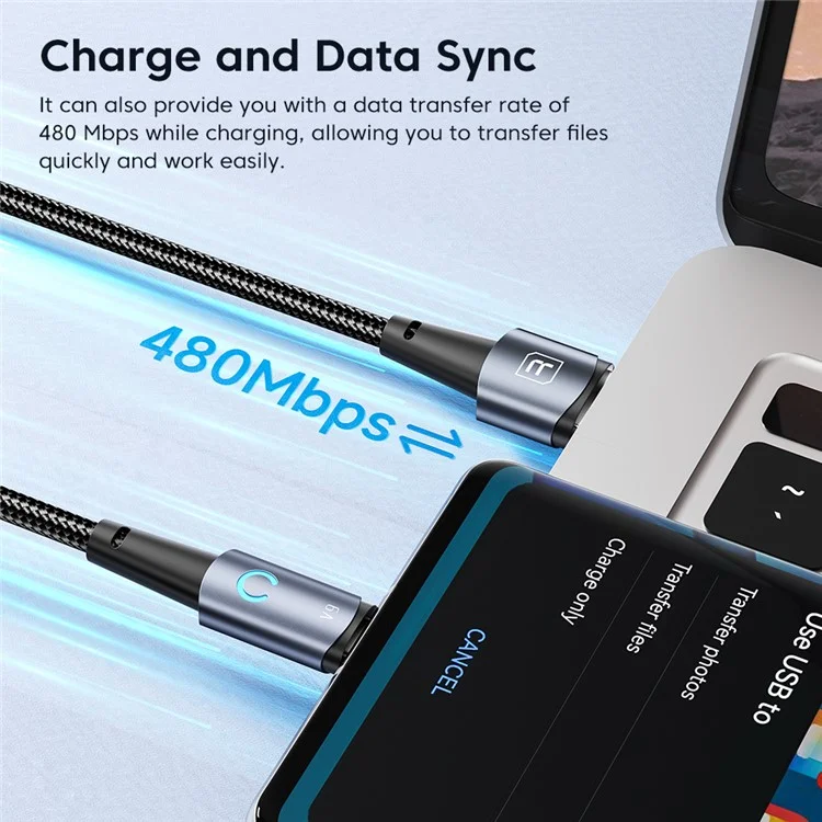 Toocki TQ-X02 1m USB-A auf USB-C Ladekabel 6A Schnellladung Datensynchronisationskabel mit LED-Anzeige - Grau