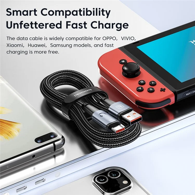 Toocki TQ-X02 1m USB-A auf USB-C Ladekabel 6A Schnellladung Datensynchronisationskabel mit LED-Anzeige - Grau
