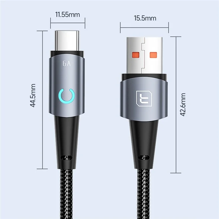 Toocki TQ-X02 1m USB-A auf USB-C Ladekabel 6A Schnellladung Datensynchronisationskabel mit LED-Anzeige - Grau