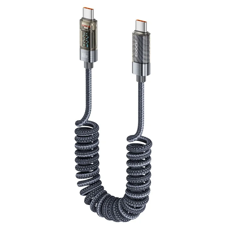 TOOCKI TXC-60C2 1.8m Spring Data Cord PD 100W Fast Charging Digital Display USB C to USB C Cable - Grey