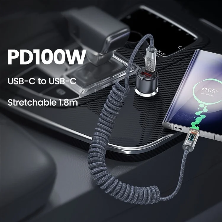 TOOCKI TXC-60C2 1.8m Spring Data Cord PD 100W Fast Charging Digital Display USB C to USB C Cable - Grey
