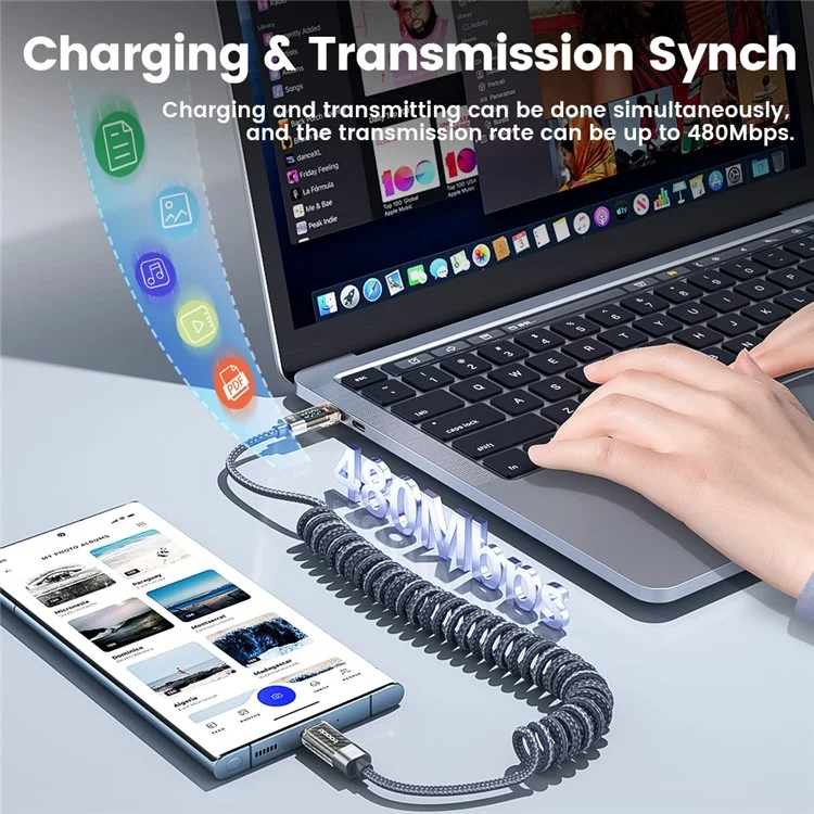 TOOCKI TXC-60C2 1.8m Spring Data Cord PD 100W Fast Charging Digital Display USB C to USB C Cable - Grey