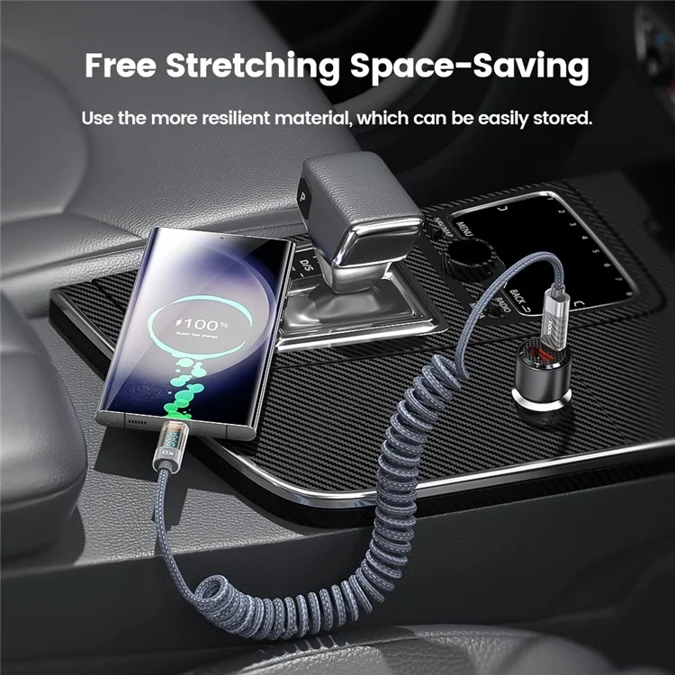 TOOCKI TXC-60C2 1.8m Spring Data Cord PD 100W Fast Charging Digital Display USB C to USB C Cable - Grey