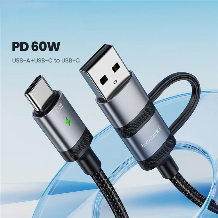TOOCKI TQ-X73A1 1.2m 2 In 1 USB A  /  USB C to USB C Data Cable 60W Fast Charging Braided Wire - Grey