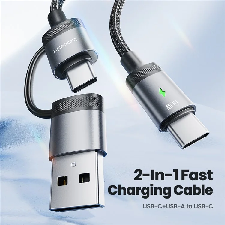 TOOCKI TQ-X73A1 1.2m 2 In 1 USB A  /  USB C to USB C Data Cable 60W Fast Charging Braided Wire - Grey