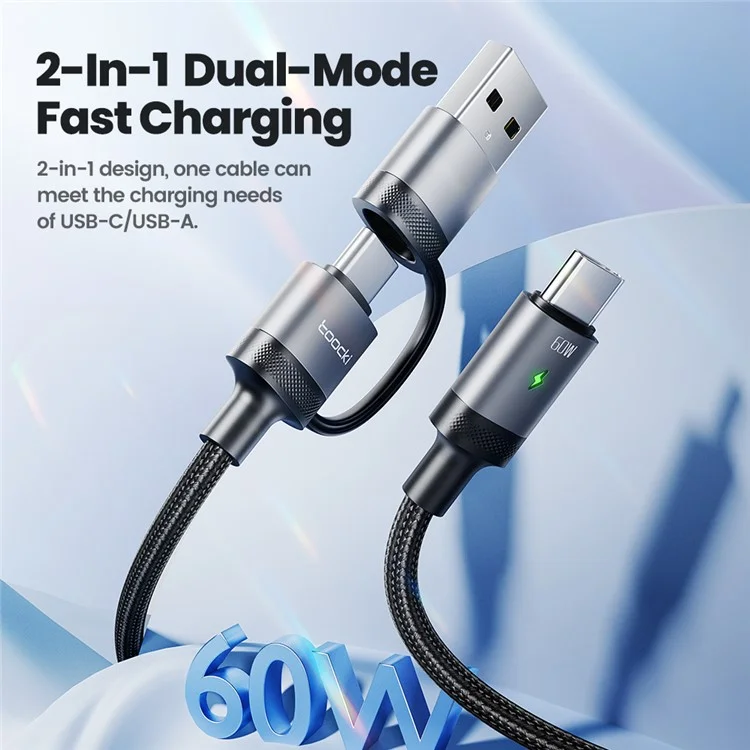TOOCKI TQ-X73A1 1.2m 2 In 1 USB A  /  USB C to USB C Data Cable 60W Fast Charging Braided Wire - Grey