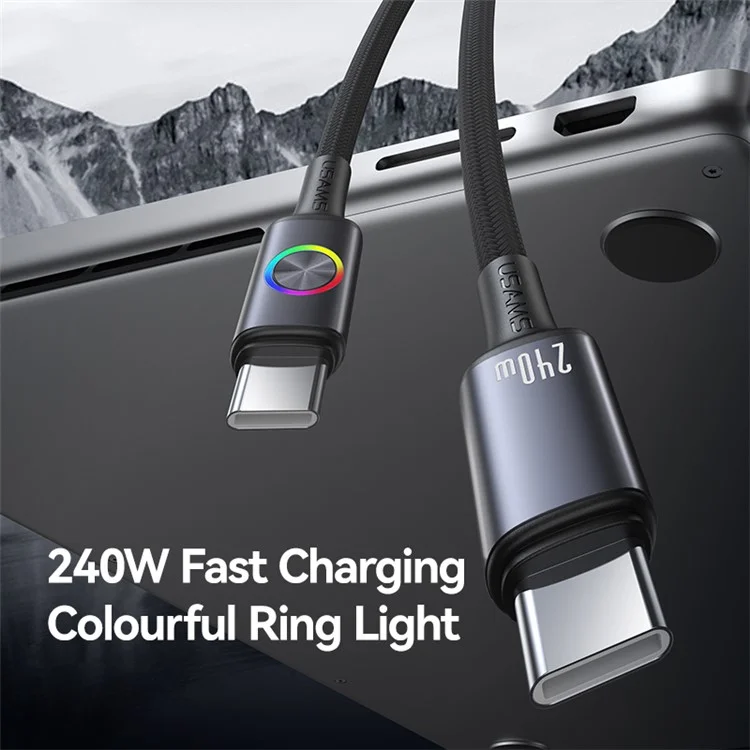 USAMS SJ751 1.2m 240W Type-C to Type-C Cable Aluminum Alloy Data Sync Cord with RGB Light - Tarnish