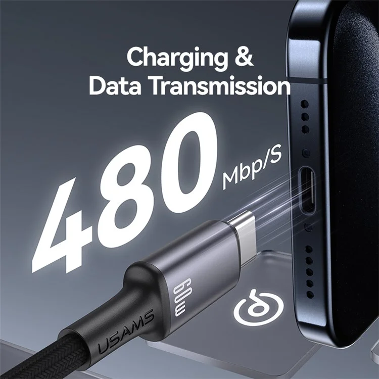 USAMS SJ752 1,2m 60W Type-C auf Type-C Kabel aus Aluminium-Legierung zum Datensynchronisieren mit RGB-Licht / E-Marker-Chip - Mattiert