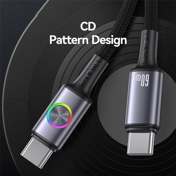 USAMS SJ752 1,2m 60W Type-C auf Type-C Kabel aus Aluminium-Legierung zum Datensynchronisieren mit RGB-Licht / E-Marker-Chip - Mattiert