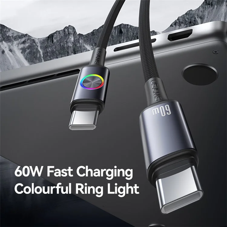 USAMS SJ752 1,2m 60W Type-C auf Type-C Kabel aus Aluminium-Legierung zum Datensynchronisieren mit RGB-Licht / E-Marker-Chip - Mattiert
