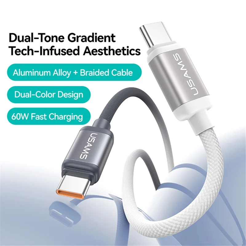 USAMS SJ756 1.2m 60W Type-C to Type-C Cable Dual-Color Aluminum Alloy Fast Charging Data Sync Cord - Black + White