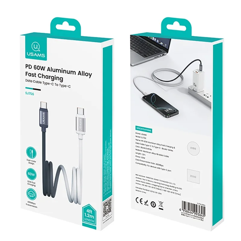 USAMS SJ756 1.2m 60W Type-C to Type-C Cable Dual-Color Aluminum Alloy Fast Charging Data Sync Cord - Black + White