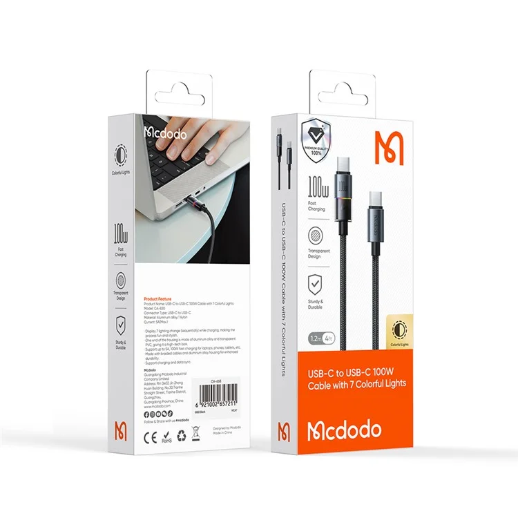 MCDODO CA-8200 1.2m PD 100W Fast Charging Cord with Colorful LED Light USB C to USB C Data Cable