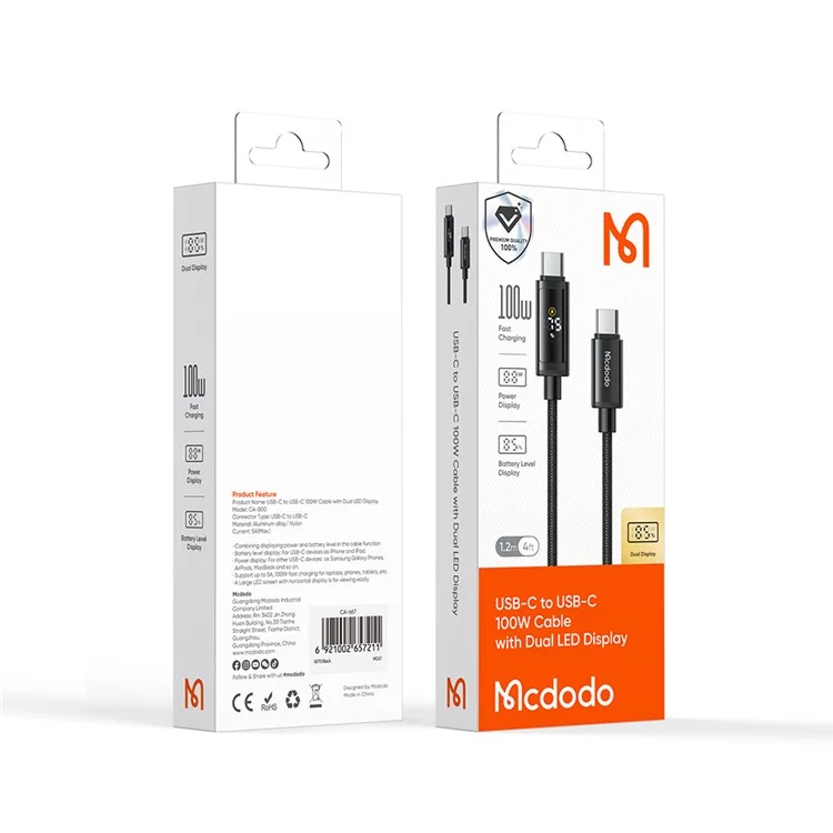 MCDODO CA-8000 1.2m Digital Display PD 100W Fast Charging USB C to USB C Data Cable