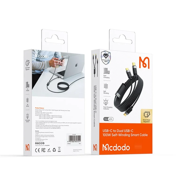 MCDODO CA-7380 1.5m USB C to Dual USB C Magnetic Splitter Cord 100W Fast Charging Cable