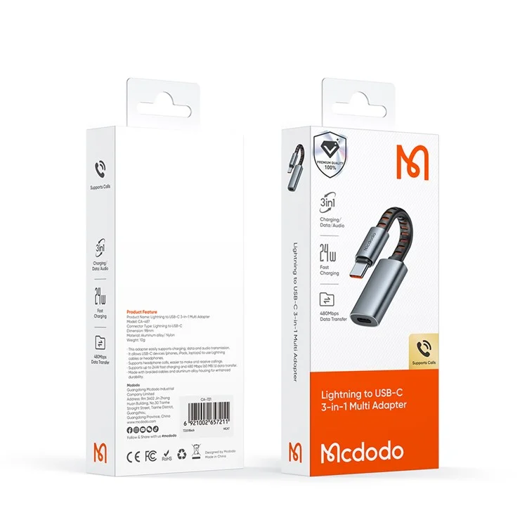 MCDODO CA-4870 MDD Nordic Series 8Pin Female to USB-C Male Adapter Cable 24W Fast Charging Data Transfer Cord - Black