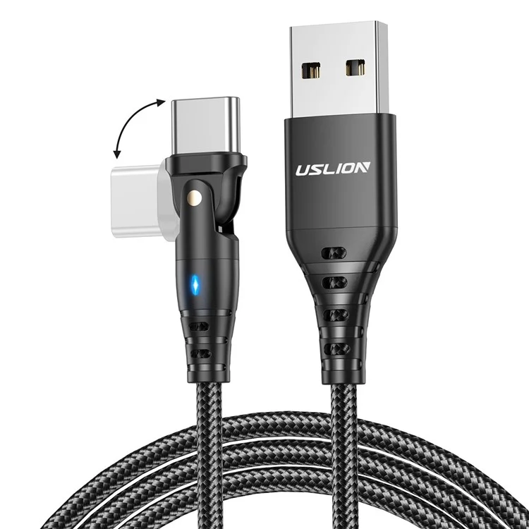 USLION US0189 Câble USB A vers Type C de 2 m avec tête coudée rotative à 180 degrés, cordon de charge et de données 3A - Noir
