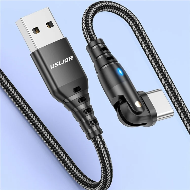 USLION US0189 Câble USB A vers Type C de 2 m avec tête coudée rotative à 180 degrés, cordon de charge et de données 3A - Noir