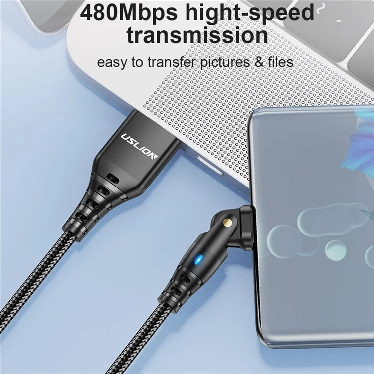 USLION US0189 Câble USB A vers Type C de 2 m avec tête coudée rotative à 180 degrés, cordon de charge et de données 3A - Noir