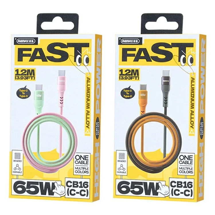 REMAX CB16(C-C) 65W Aluminum Alloy Braided Data Cable 1.2M PD Fast Charging Cable - Pink  /  Green