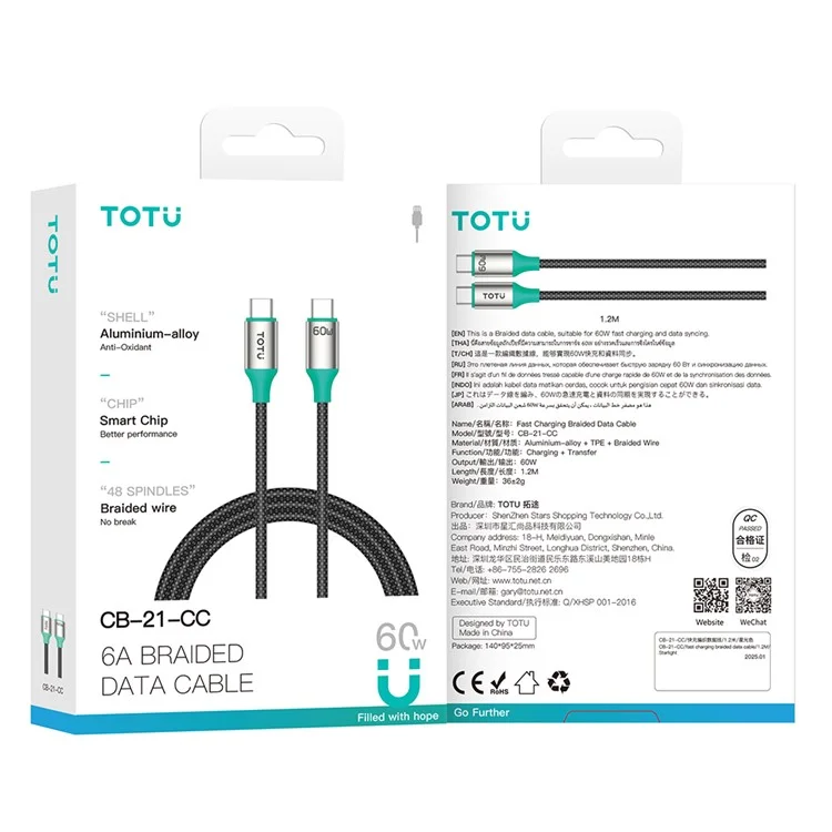 TOTU CB-21-CC 120cm USB-C to Type-C Cable 60W Fast Charging Data Sync Braided Cord