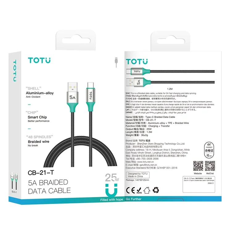 TOTU CB-21-T 120cm USB-A to USB-C Cable 25W Charging Data Sync Braided Cord