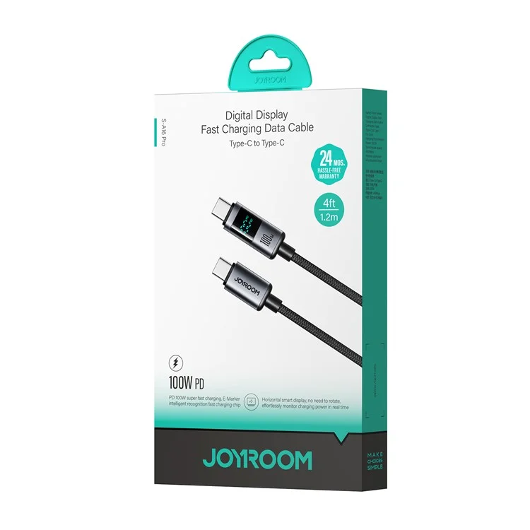 JOYROOM S-A16 Pro 1.2m Type-C to Type-C Data Cable 100W Fast Charging Cable with Digital Display