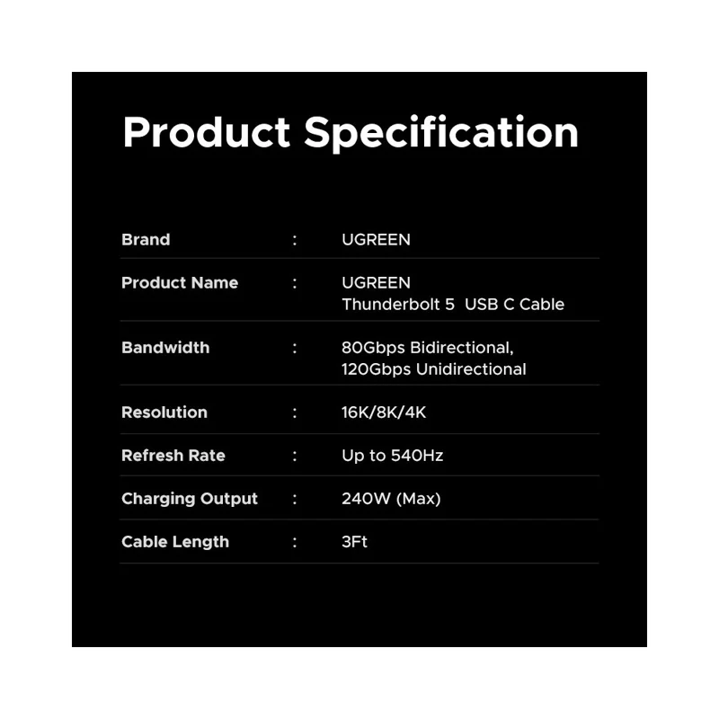 UGREEN Compatible with Thunderbolt 5 Cable Dual-Head Type-C HD 16K Video Audio Data Transfer Charging Cord