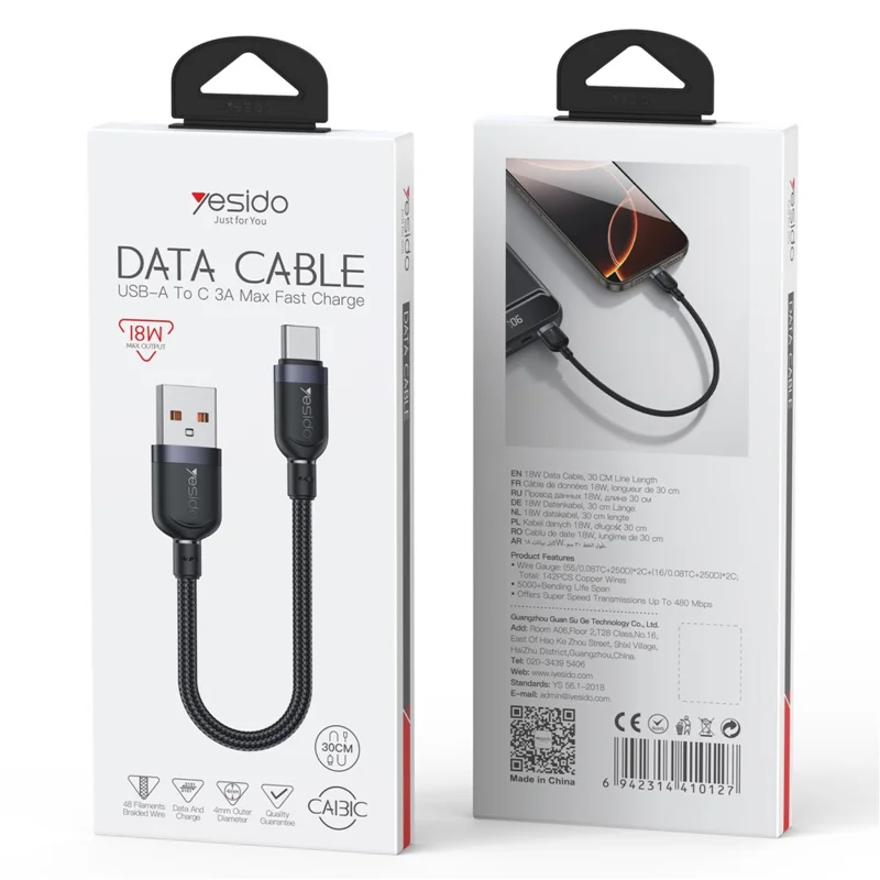YESIDO CA131C 0,3m Câble de Données USB A vers Type C Tressé 3A Charge Rapide 480 Mbps