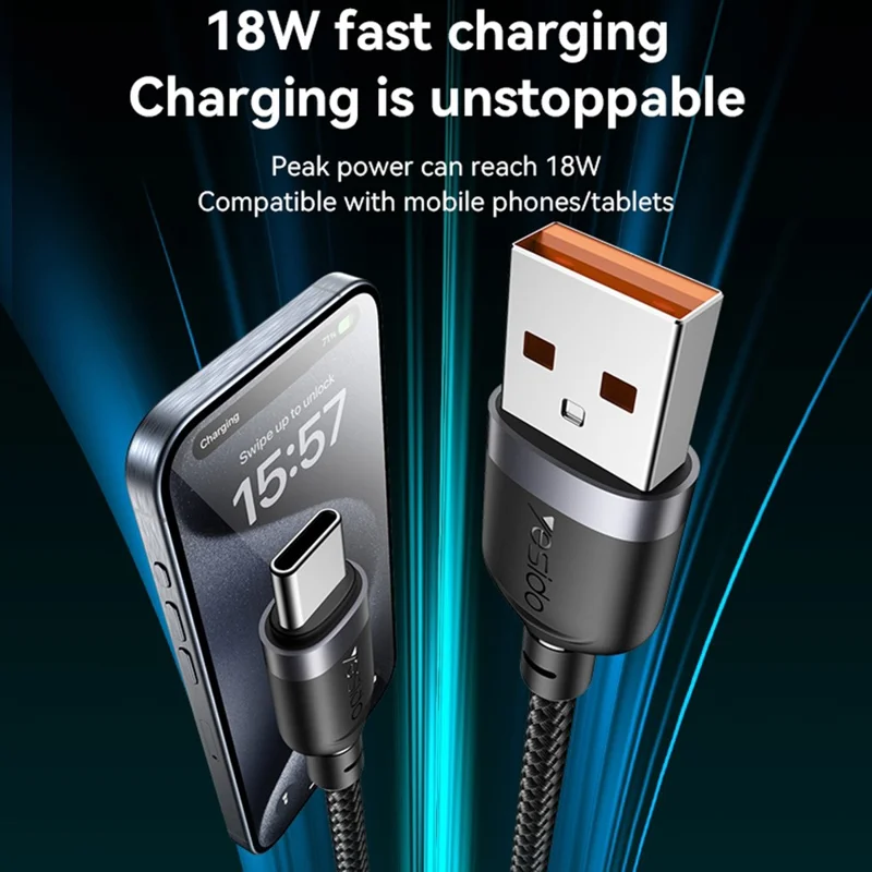 Cable de carga rápida YESIDO CA132C de 1,2 m, USB A a Tipo C, trenzado, 3A, transferencia de datos 480 Mbps