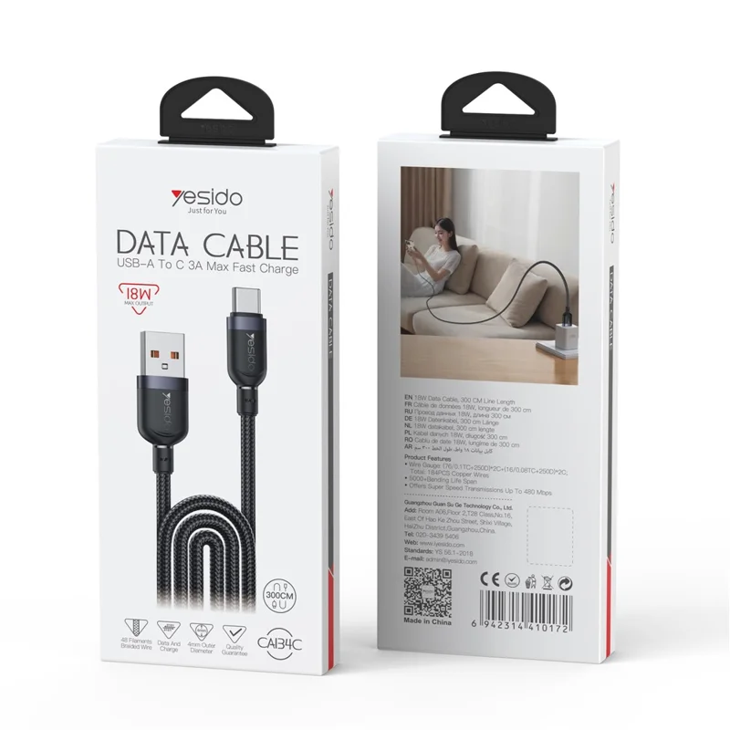 YESIDO CA134C 3m USB A to Type C Braided Wire 3A Fast Charging 480Mbps Data Cable