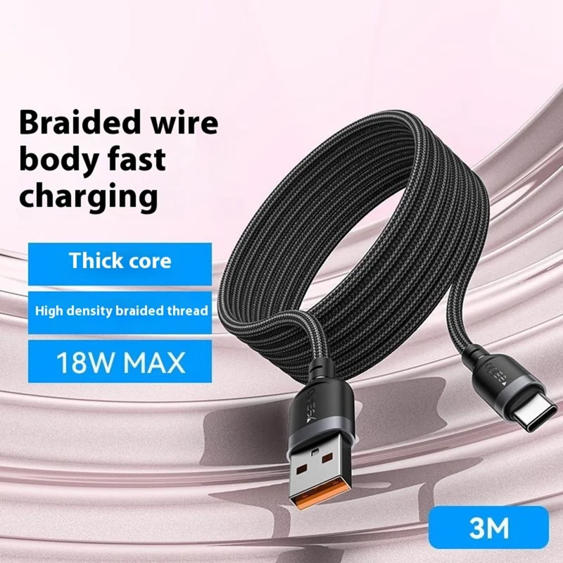 YESIDO CA134C 3m USB A to Type C Braided Wire 3A Fast Charging 480Mbps Data Cable