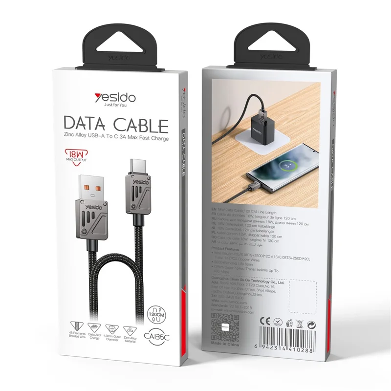 YESIDO CA135C 1.2m Zinc Alloy USB A to Type C Braided Cable 3A Fast Charging Data Sync Cord