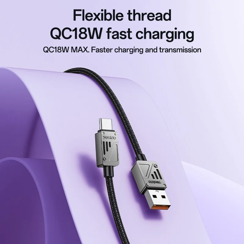 YESIDO CA135C 1.2m Zinc Alloy USB A to Type C Braided Cable 3A Fast Charging Data Sync Cord